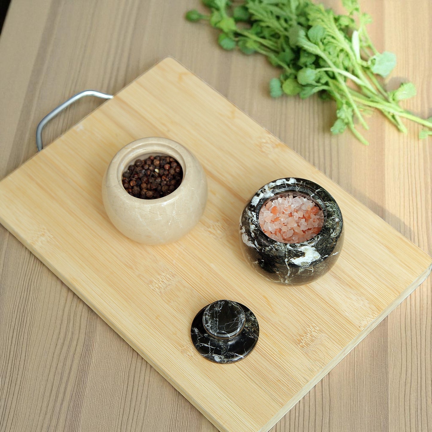 Marble Salt Cellar with Lid- Pack of 2 Beige and Black Zebra