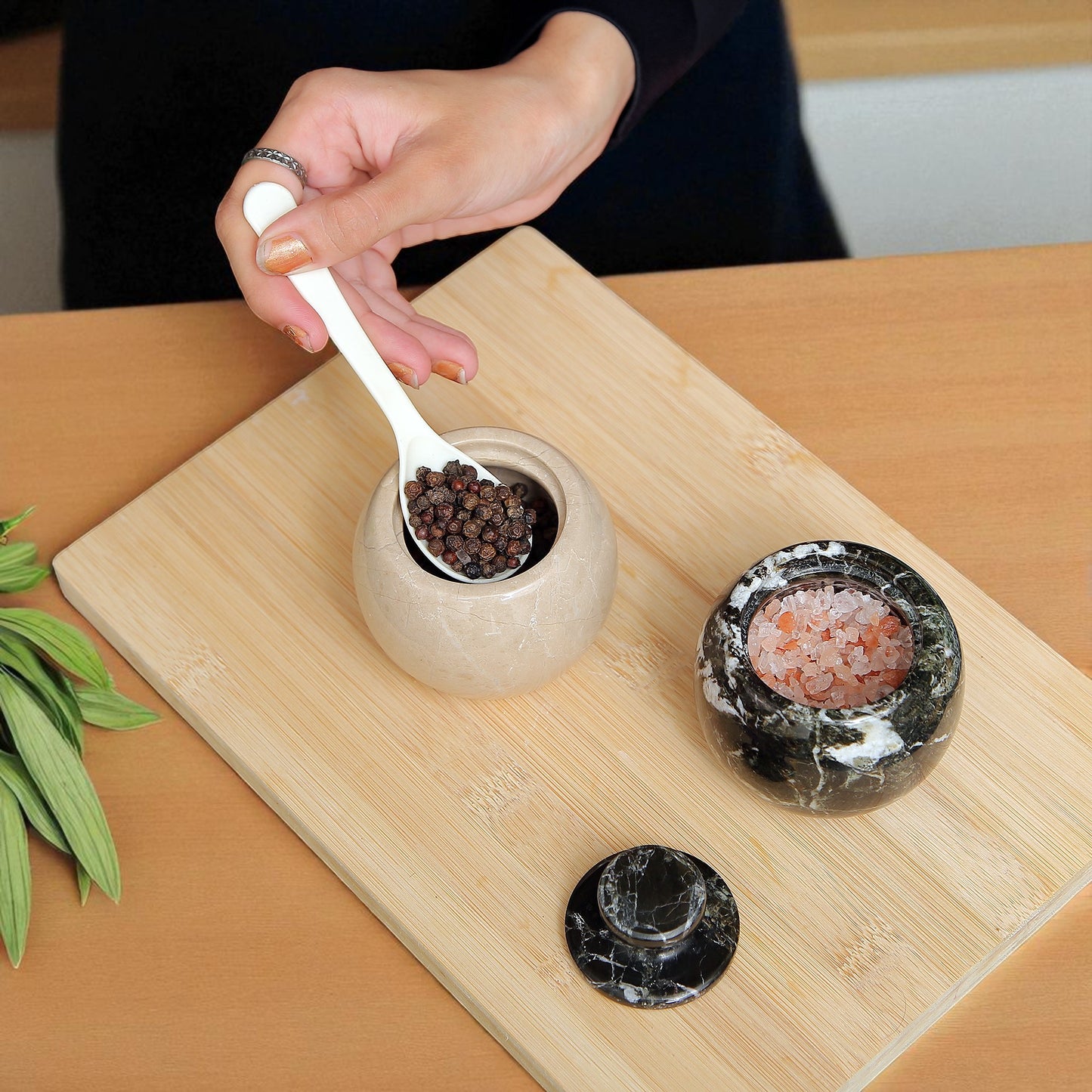 Marble Salt Cellar with Lid- Pack of 2 Beige and Black Zebra