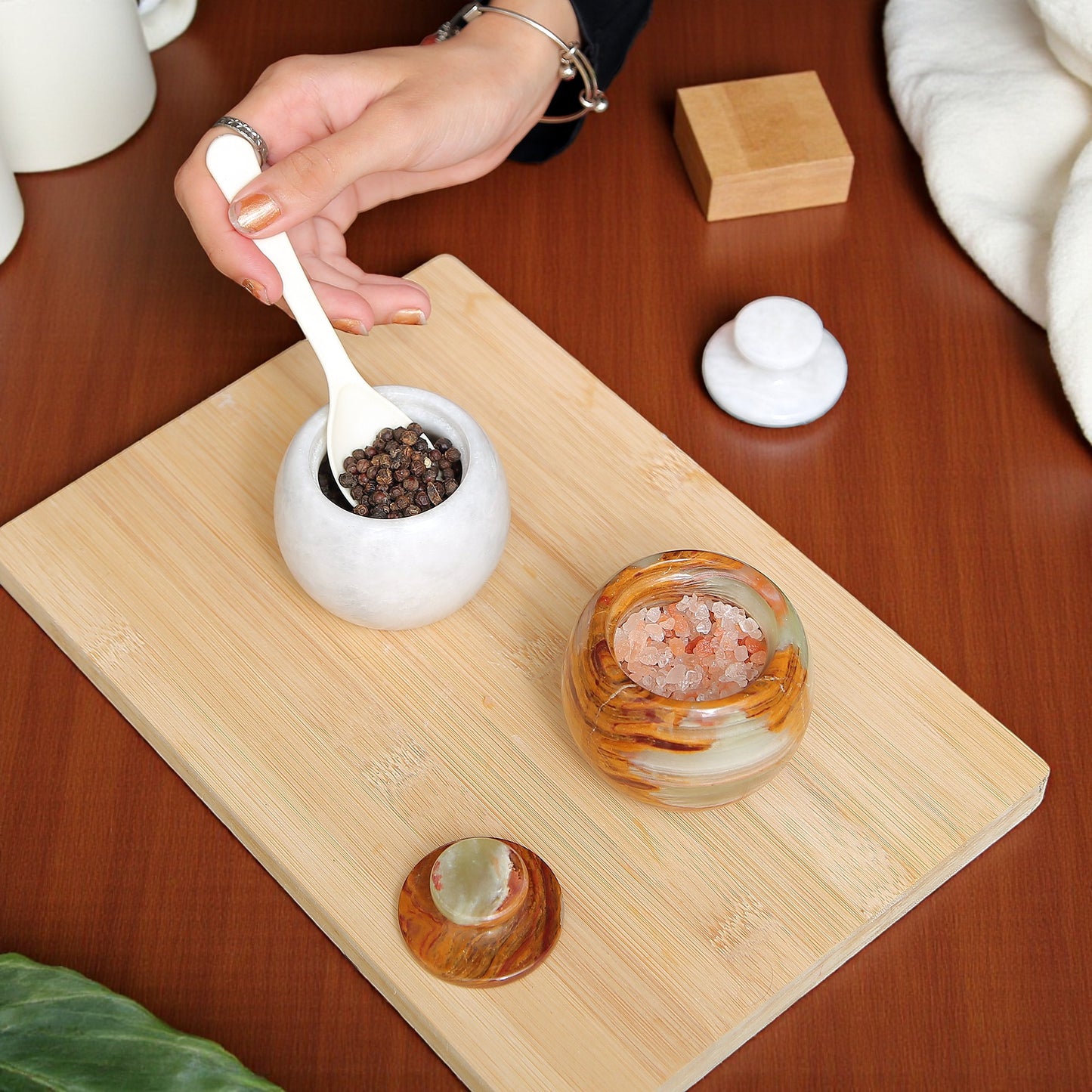 Marble Salt Cellar with Lid- Pack of 2 White and Green