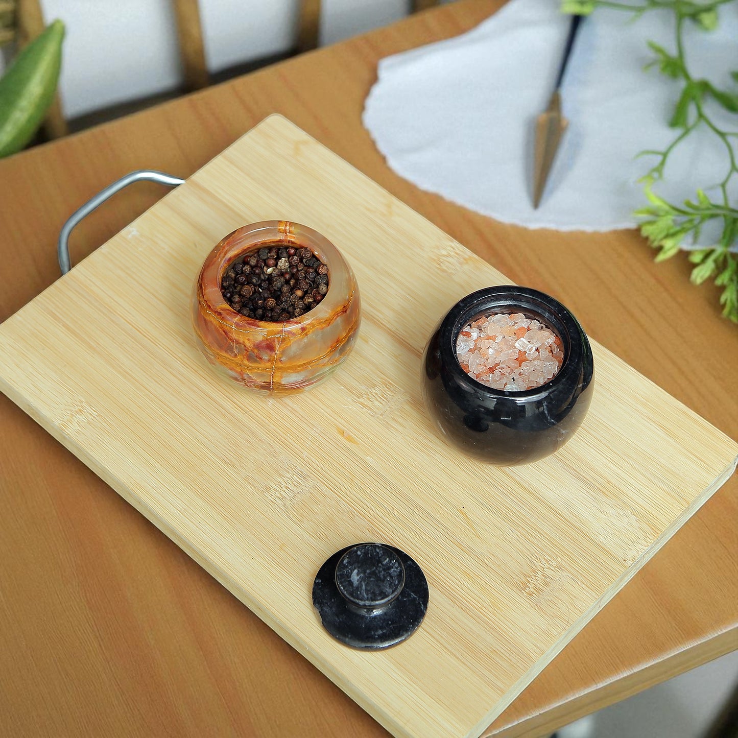 Marble Salt Cellar with Lid- Pack of 2 Black and Onyx