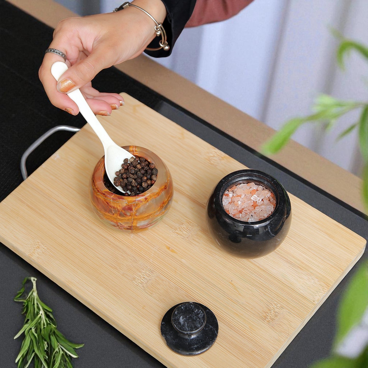 Marble Salt Cellar with Lid- Pack of 2 Black and Onyx