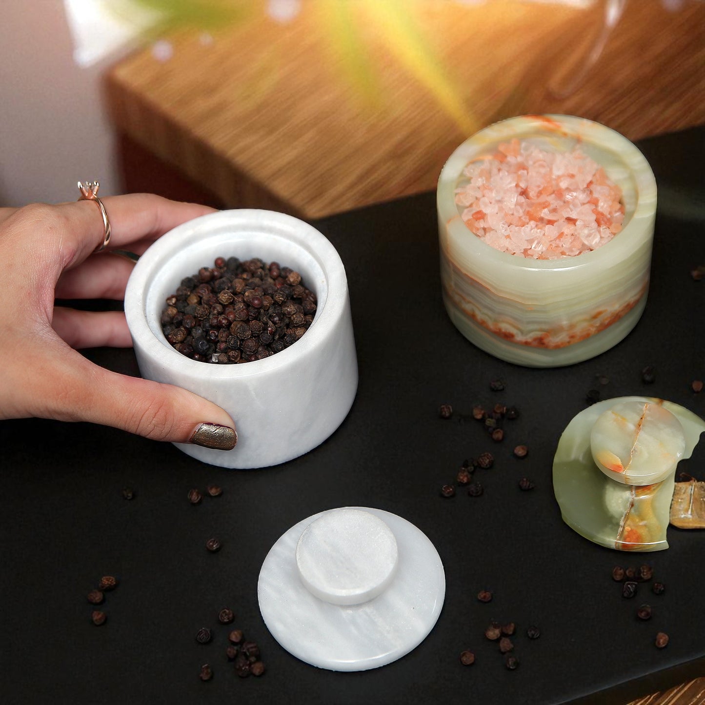 Marble Salt Cellar Set with Lid (Pack of 2) White and Onyx Green