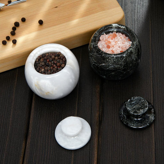 Marble Salt Cellar with Lid- Pack of 2 White and Black Zebra