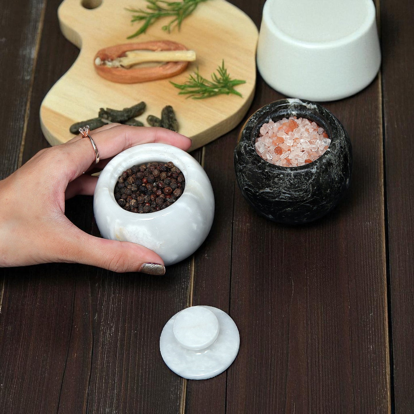 Marble Salt Cellar with Lid- Pack of 2 White and Black Zebra