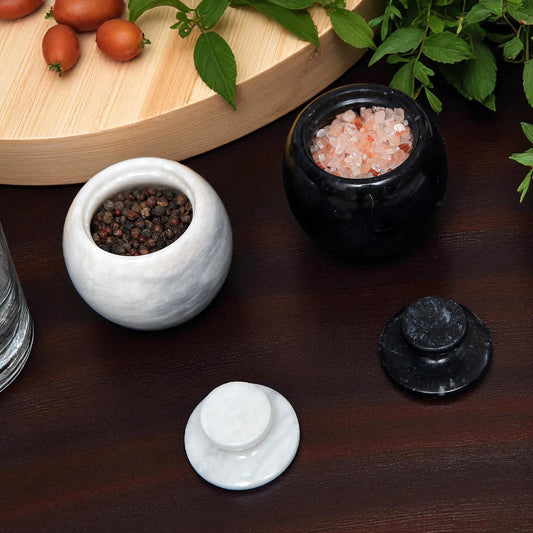 Marble Salt Cellar with Lid- Pack of 2 White and Black