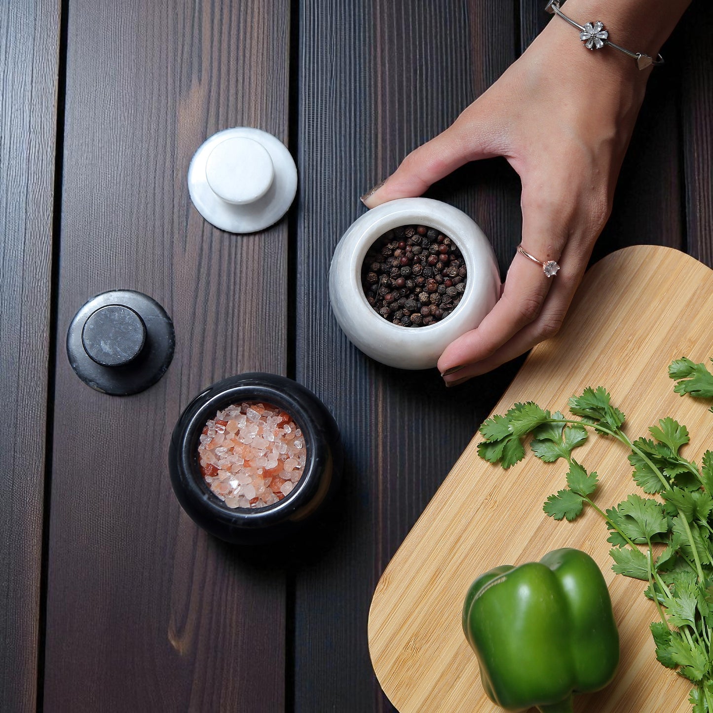 Marble Salt Cellar with Lid- Pack of 2 White and Black
