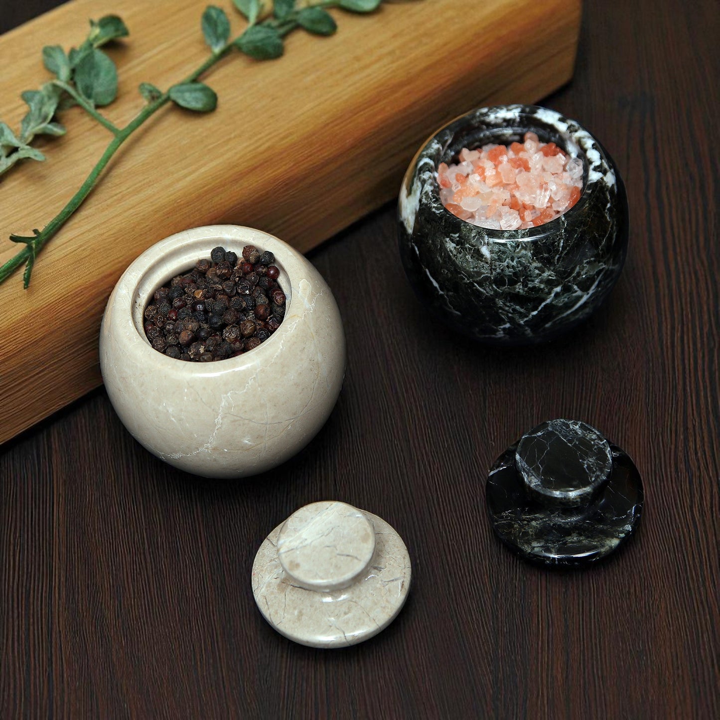Marble Salt Cellar with Lid- Pack of 2 Beige and Black Zebra