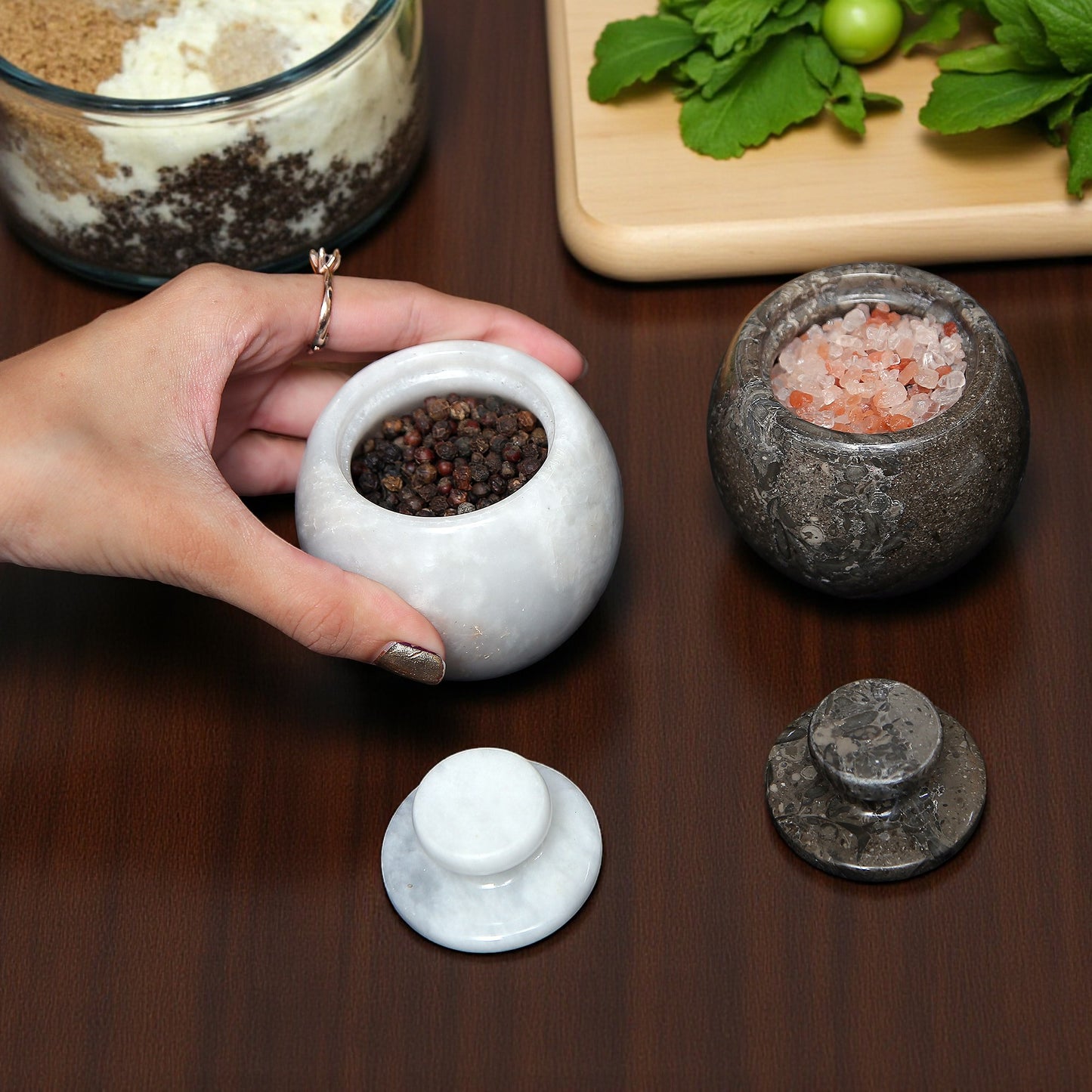 Marble Salt Cellar with Lid- Pack of 2 White and Grey