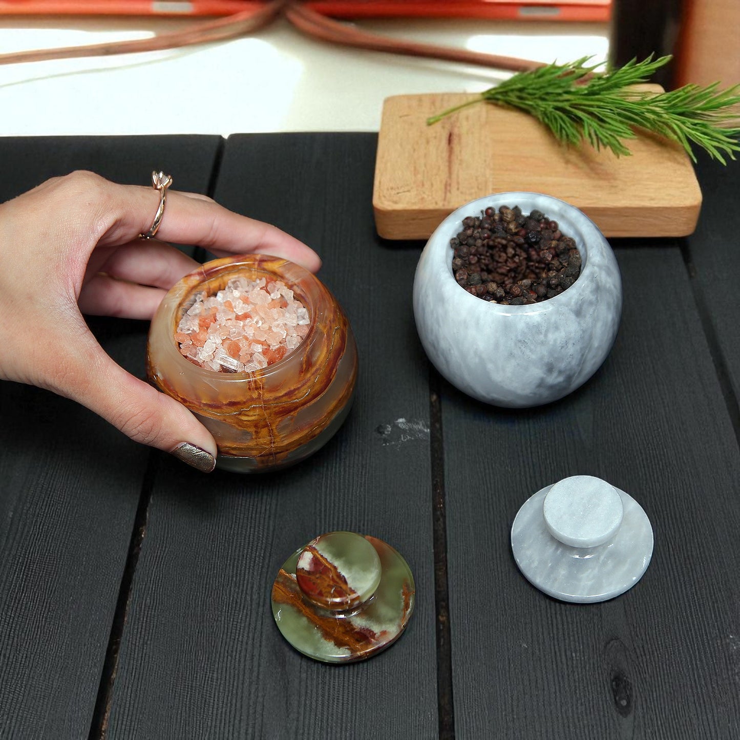 Marble Salt Cellar with Lid- Pack of 2 Sunny Grey and Onyx
