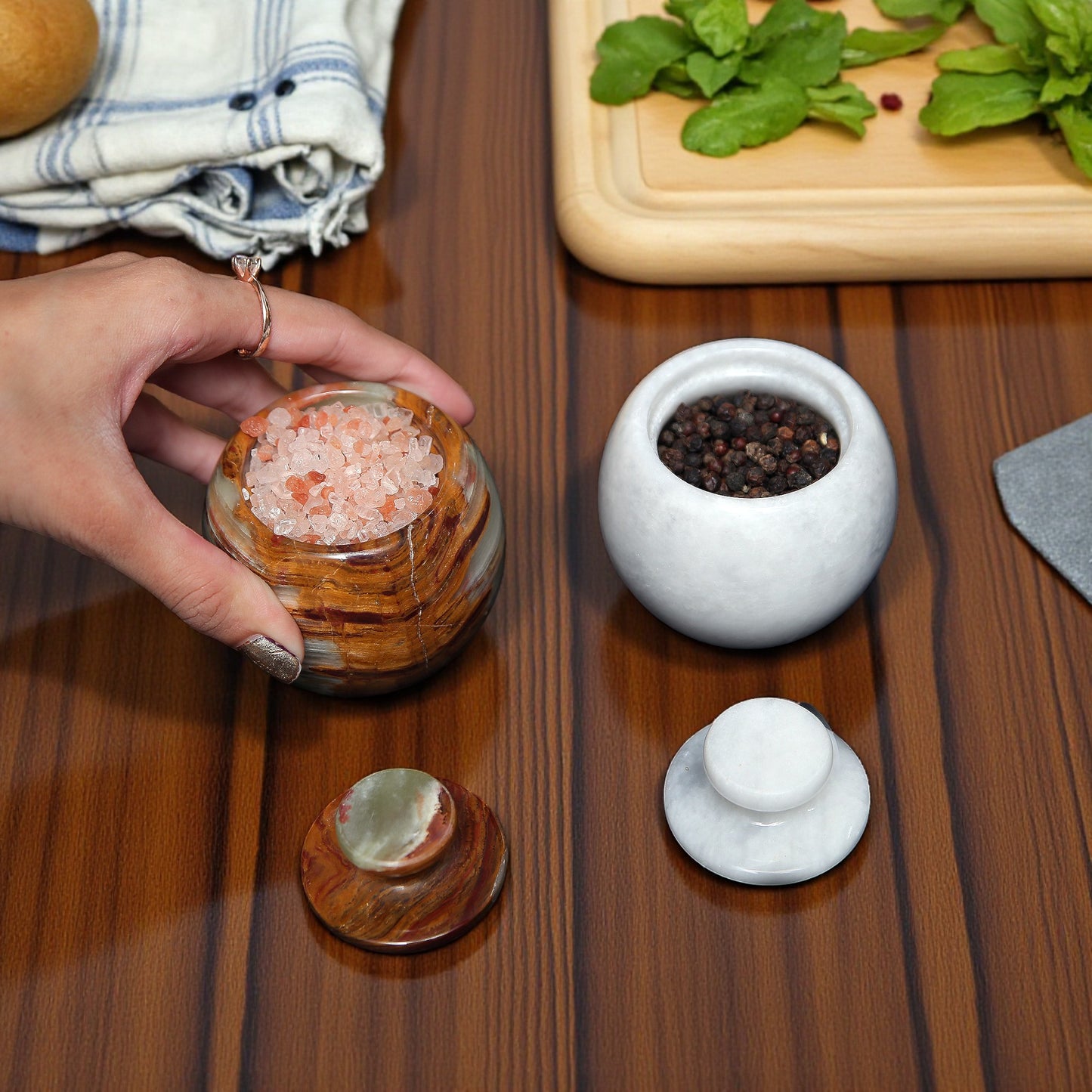 Marble Salt Cellar with Lid- Pack of 2 White and Green