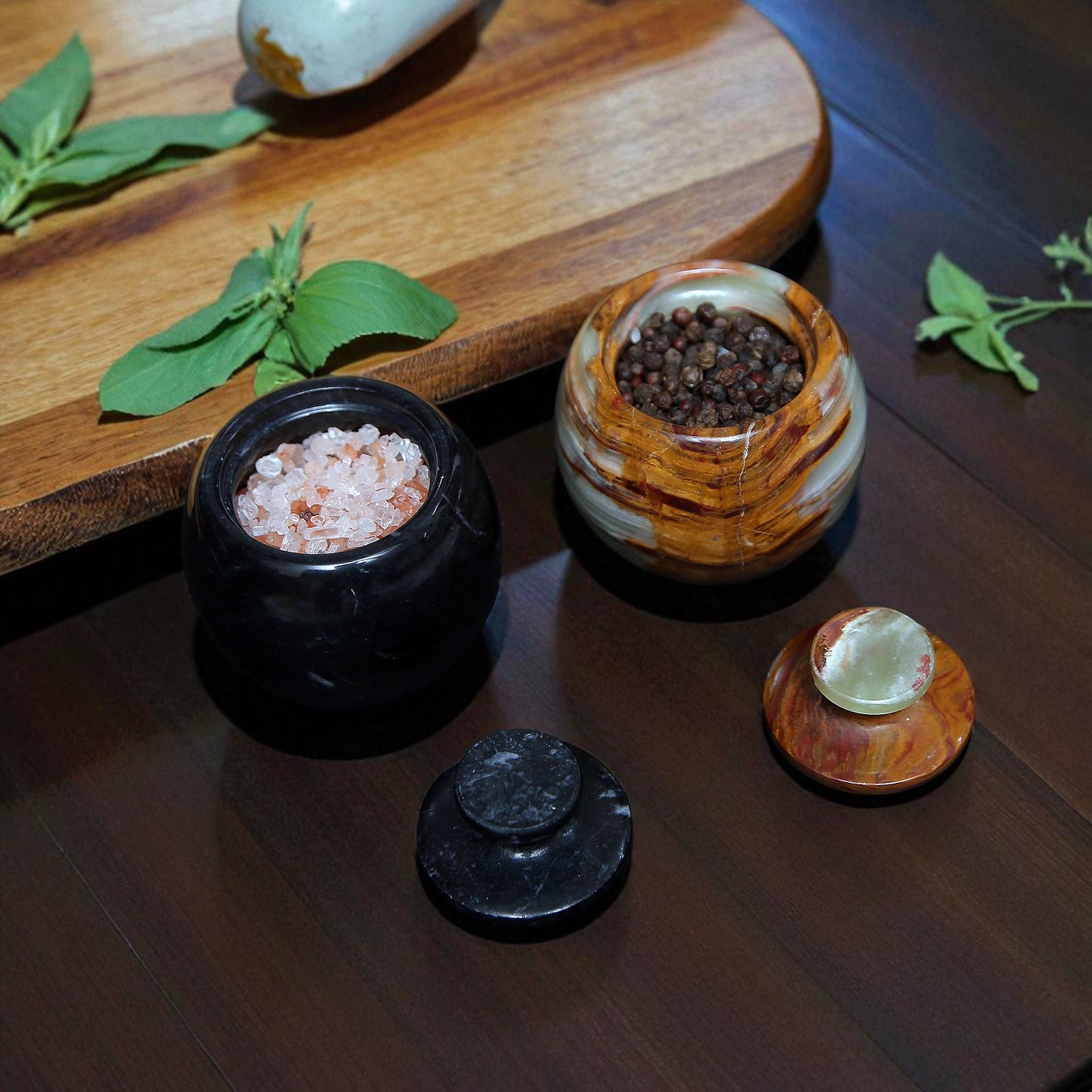 Marble Salt Cellar with Lid- Pack of 2 Black and Onyx