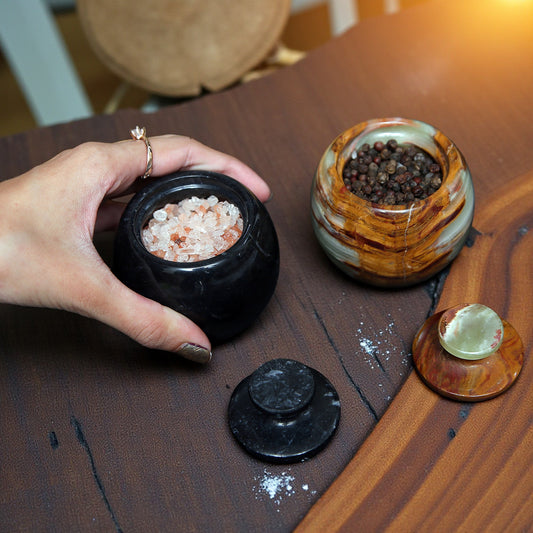 Marble Salt Cellar with Lid- Pack of 2 Black and Onyx