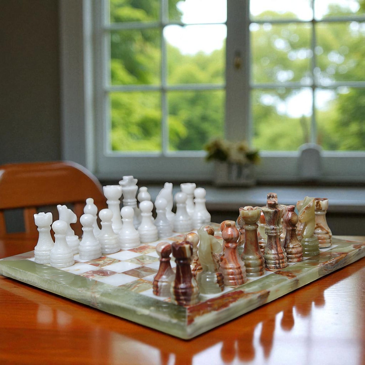 Marble Hives Luxury Handmade Marble Chess Set β Green Onyx & White -15 Inch