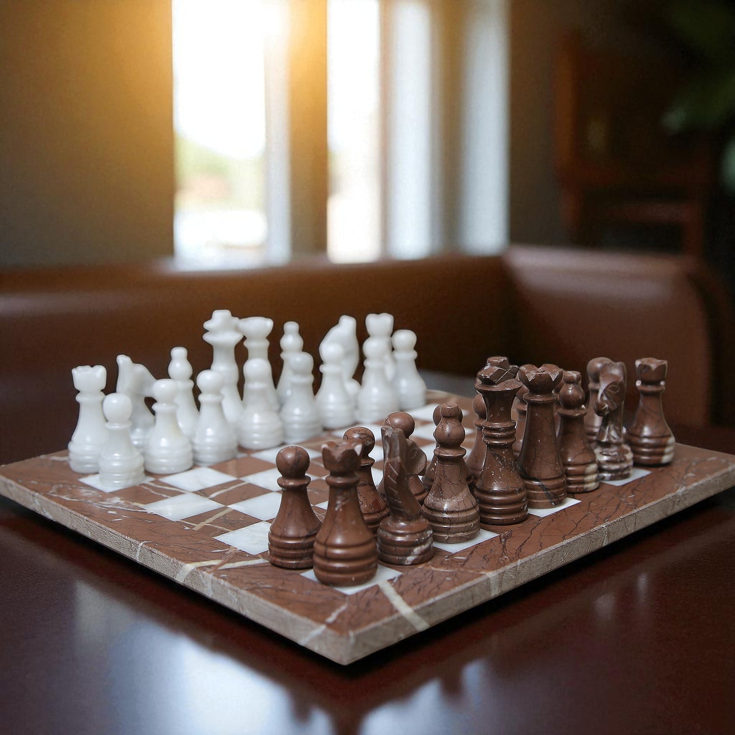 Marble Hives Luxury Handmade Marble Chess Set -Brown and Coral -12 Inch