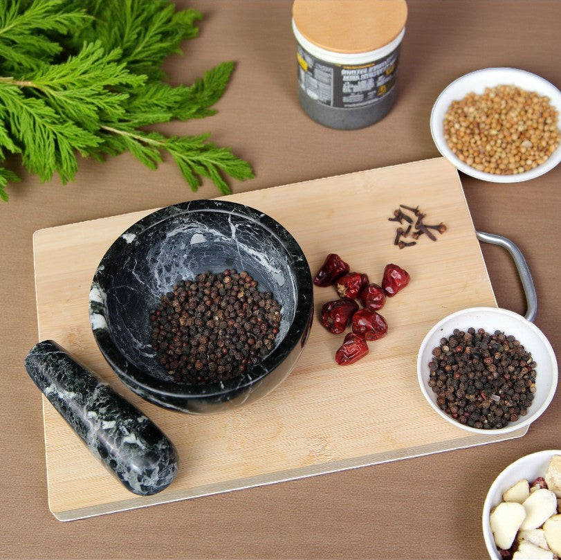 Marble Mortar and Pestle Set (5 inch) Black Zebra