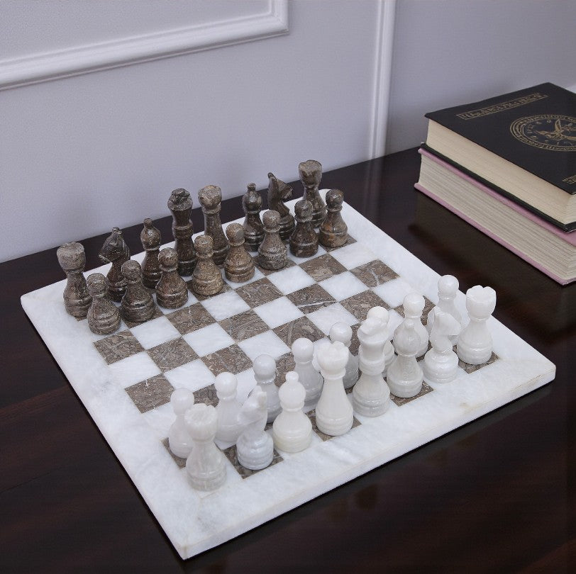 Marble Hives Luxury Handmade Marble Chess Set -Grey and White -10 Inch