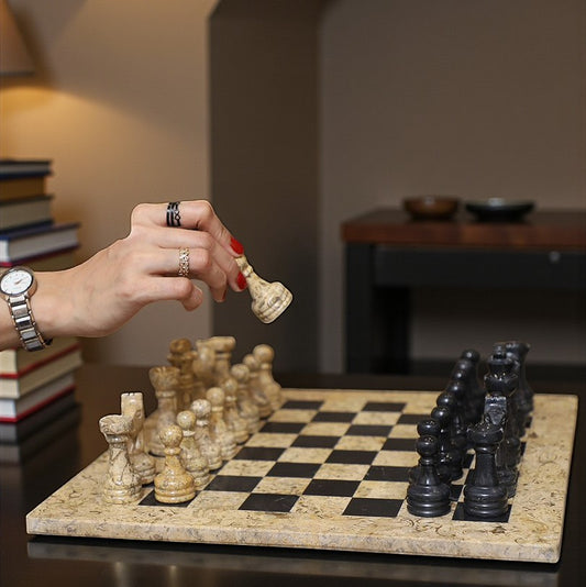 Marble Hives Luxury Handmade Marble Chess Set -Coral and Black -10 Inch