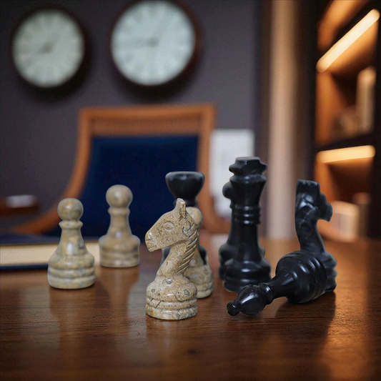 Black and Coral Marble Chess Figures