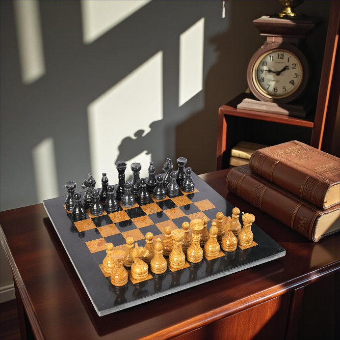 Marble Hives Luxury Handmade Marble Chess Set -Black and Golden -10 Inch