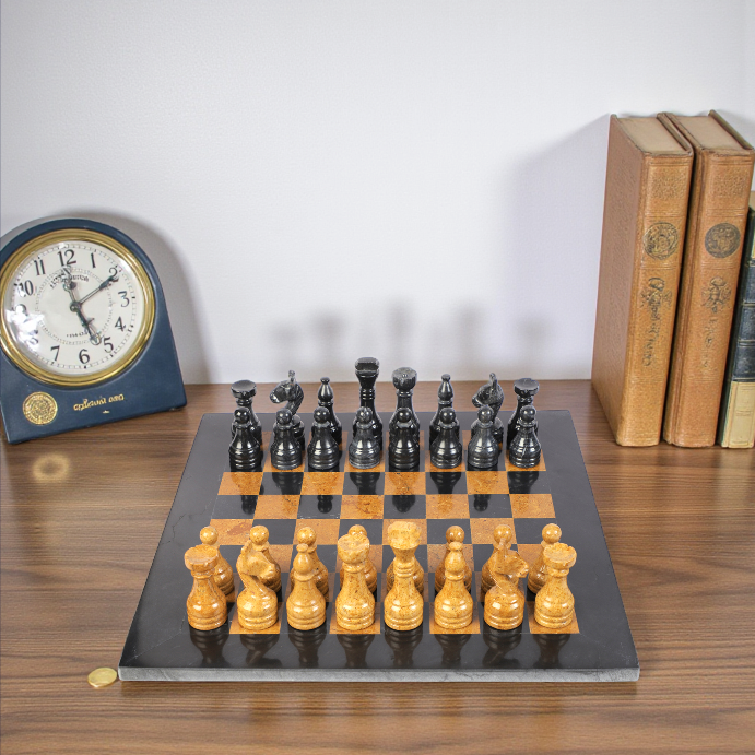 Marble Hives Luxury Handmade Marble Chess Set -Black and Golden -10 Inch