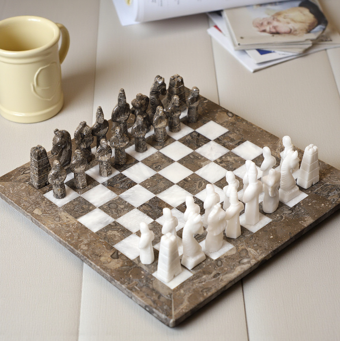 Marble Hives Luxury Handmade Marble Chess Set – White & Oceanic 12 x 12 inches