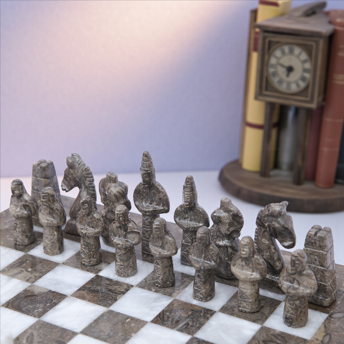 Marble Hives Luxury Handmade Marble Chess Set – White & Oceanic 12 x 12 inches