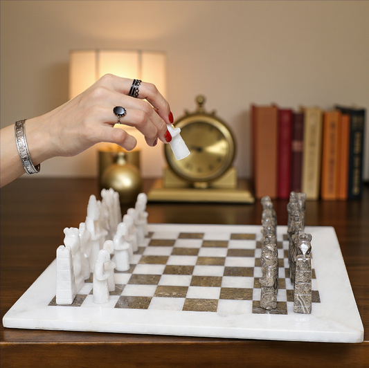15 Inch White & Grey Marble Fancy Chess Set