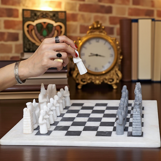 White and Black Matt Marble Statue Chess Set - 15 Inch