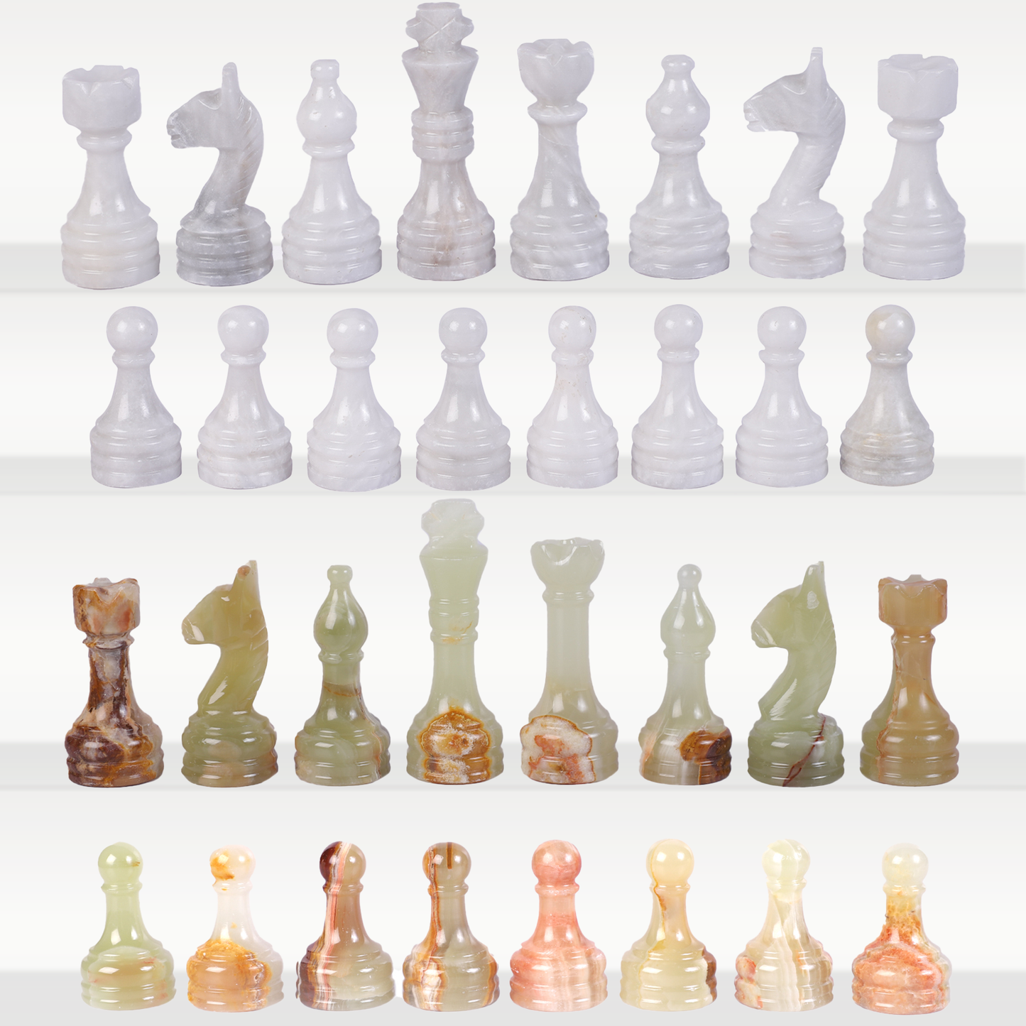 White & Onyx Green Chess Figures