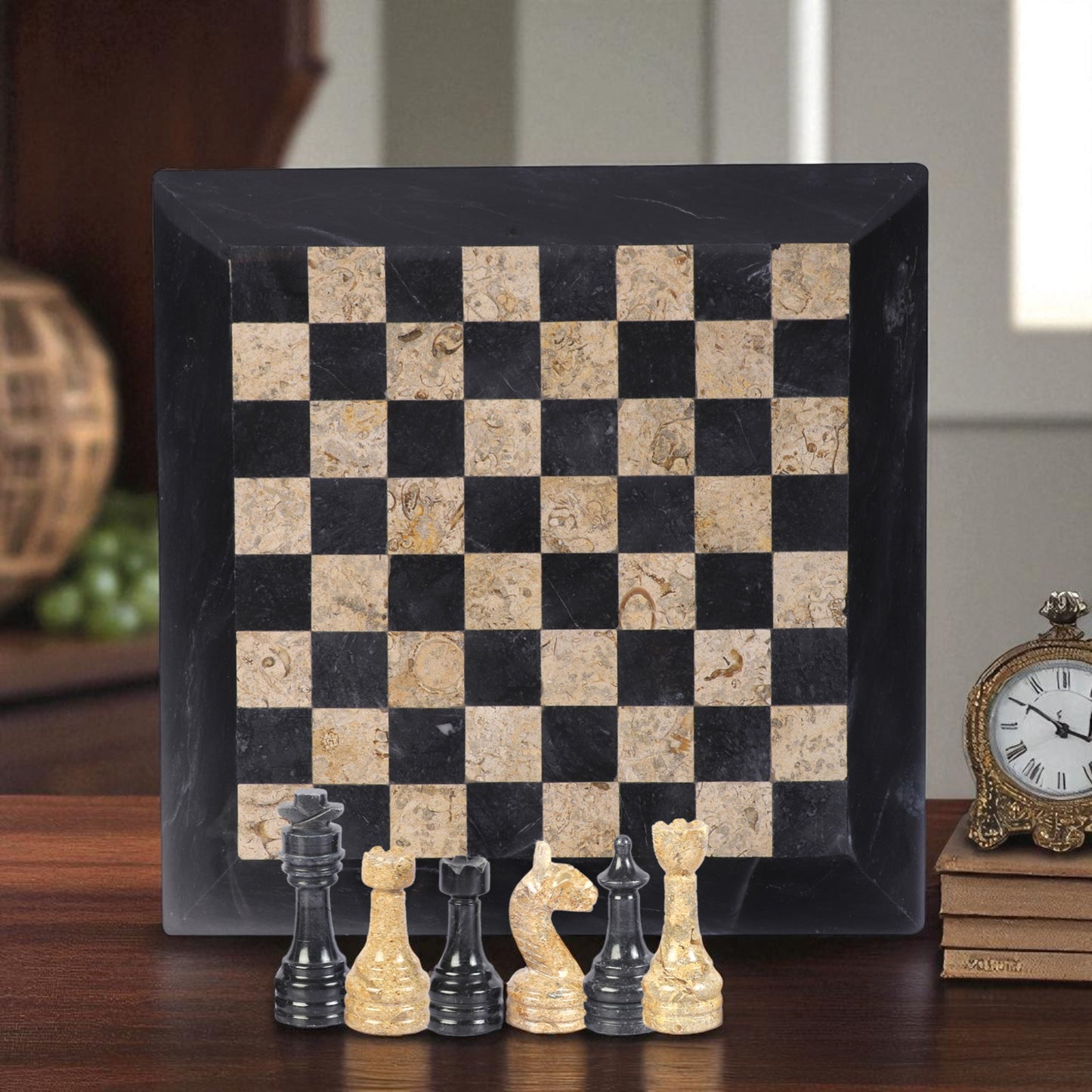 Marble Hives Luxury Handmade Marble Chess Set – Black and Coral