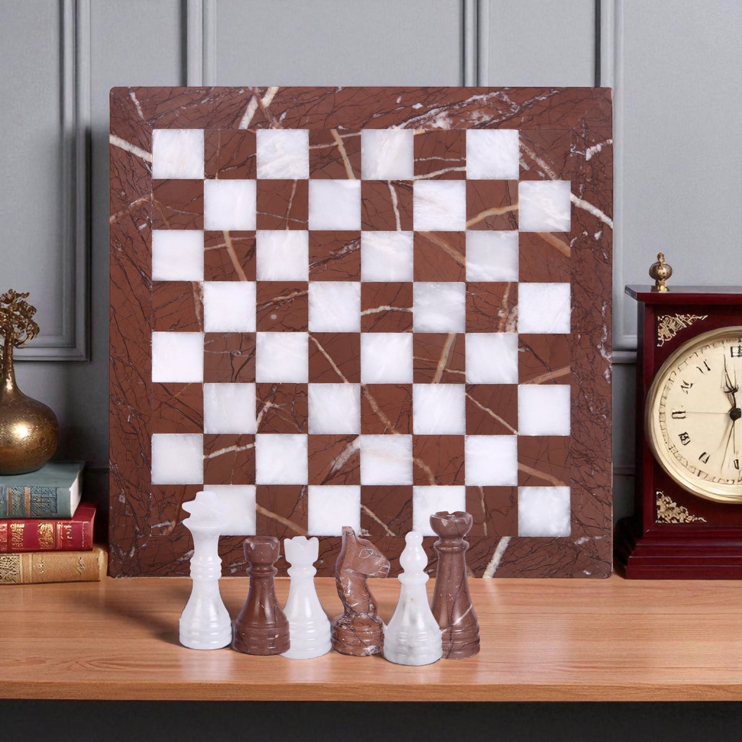 Marble Hives Luxury Handmade Marble Chess Set -Brown and Coral -12 Inch