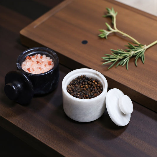 Marble Salt Cellar Set with Lid (Pack of 2) White and Black Zebra
