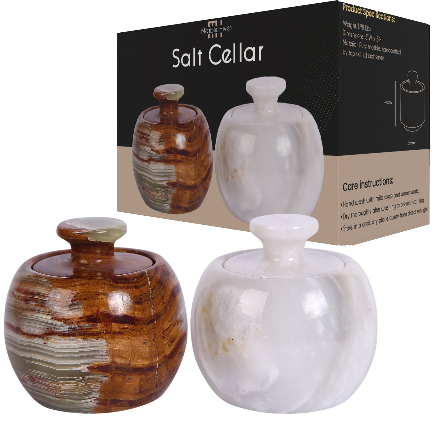 Marble Salt Cellar with Lid- Pack of 2 Marble Salt and Pepper Bowls- Salt Holder with Lid to Put Salt, Paprika, Pepper, and Spice