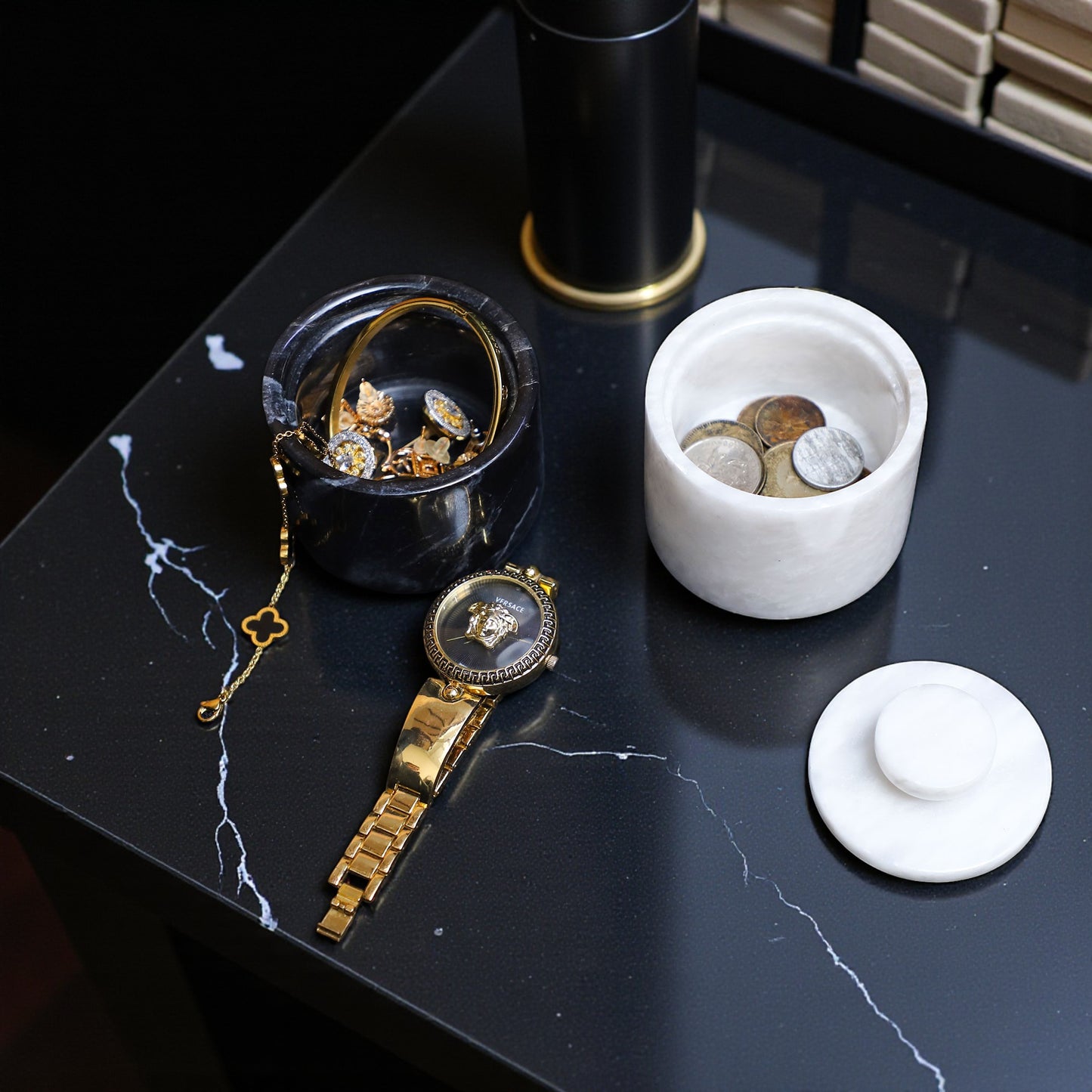 Marble Salt Cellar Set with Lid (Pack of 2) White and Black Zebra