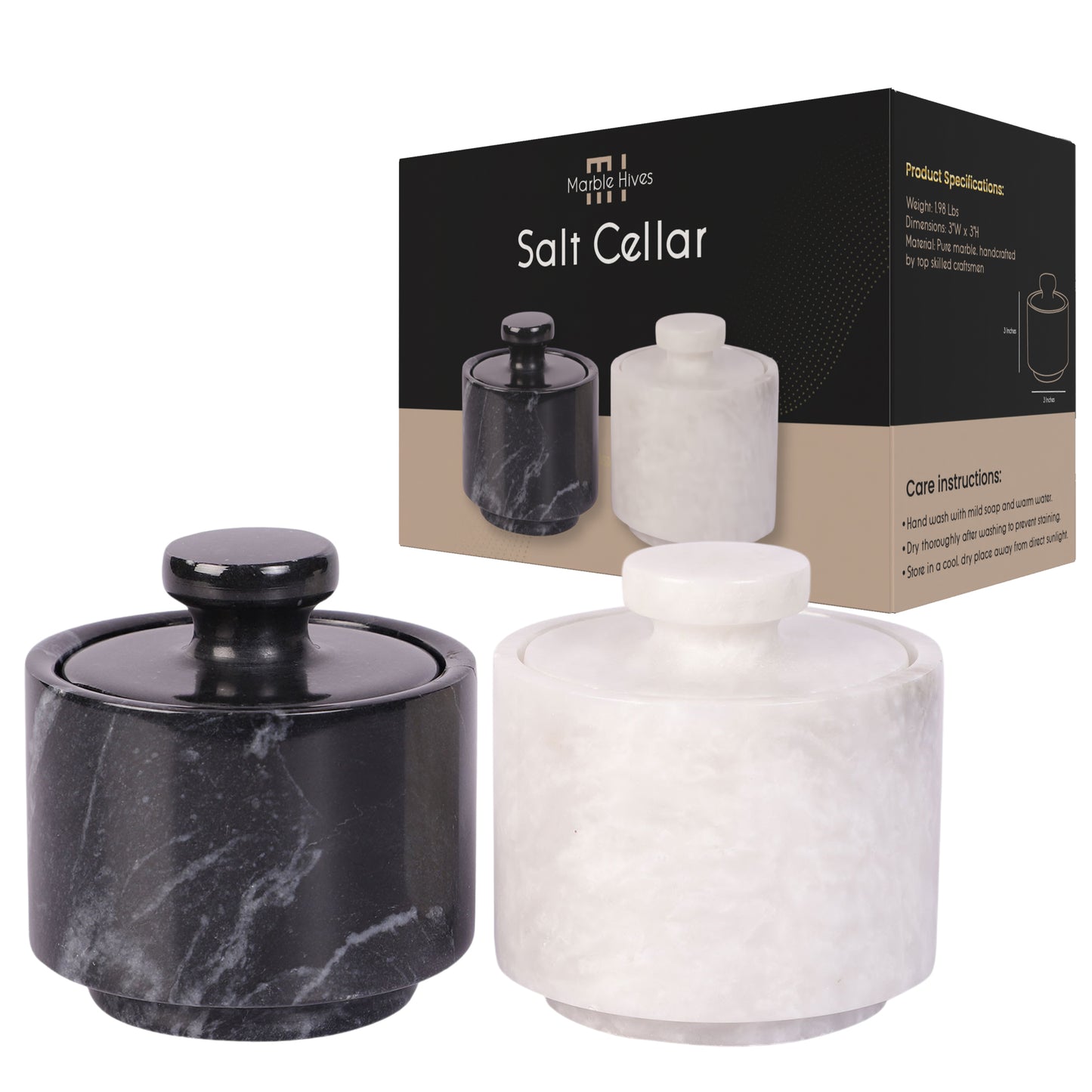 Marble Salt Cellar with Lid- Pack of 2 Marble Salt and Pepper Bowls- Salt Holder with Lid to Put Salt, Paprika, Pepper, and Spice