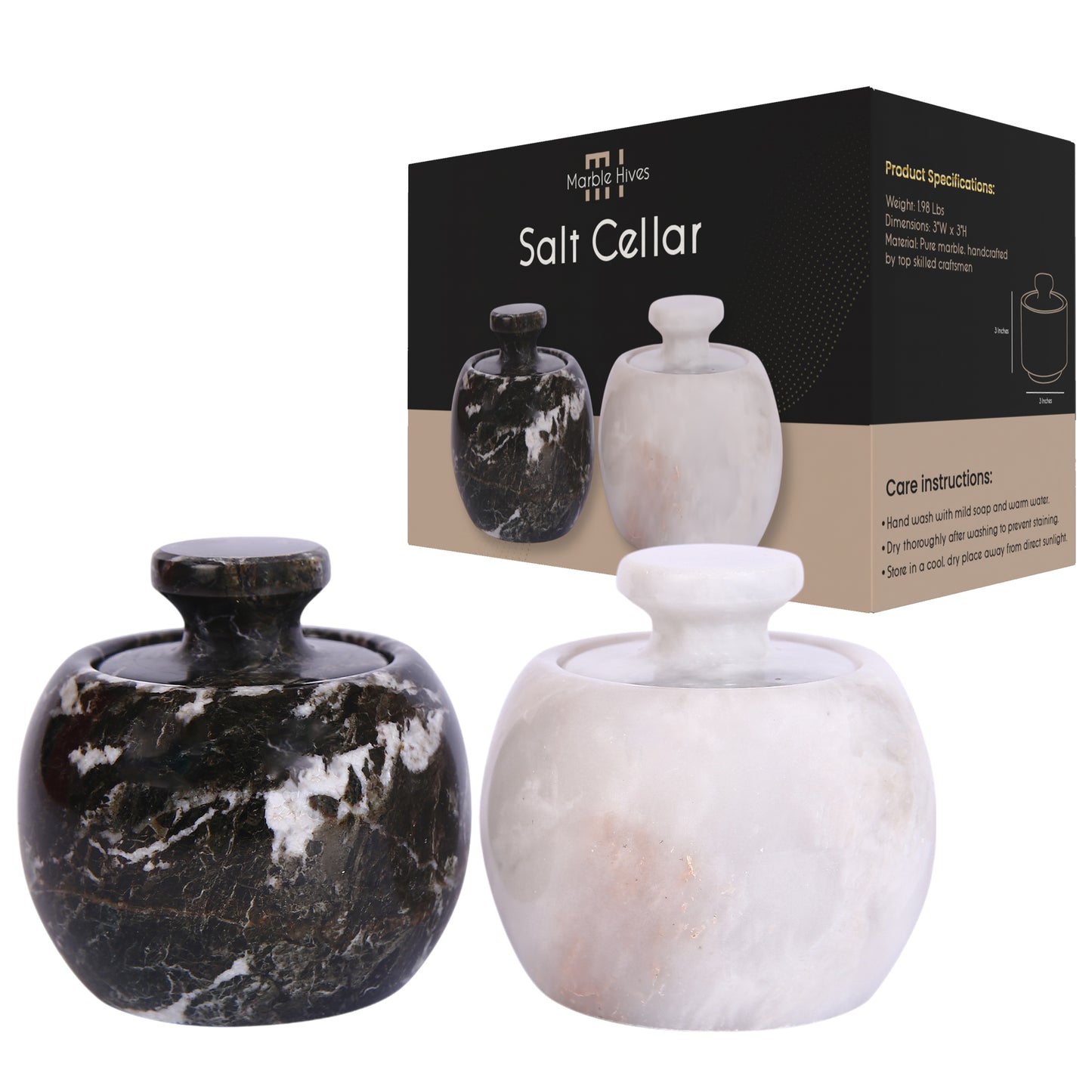 Marble Salt Cellar with Lid- Pack of 2 Marble Salt and Pepper Bowls- Salt Holder with Lid to Put Salt, Paprika, Pepper, and Spice