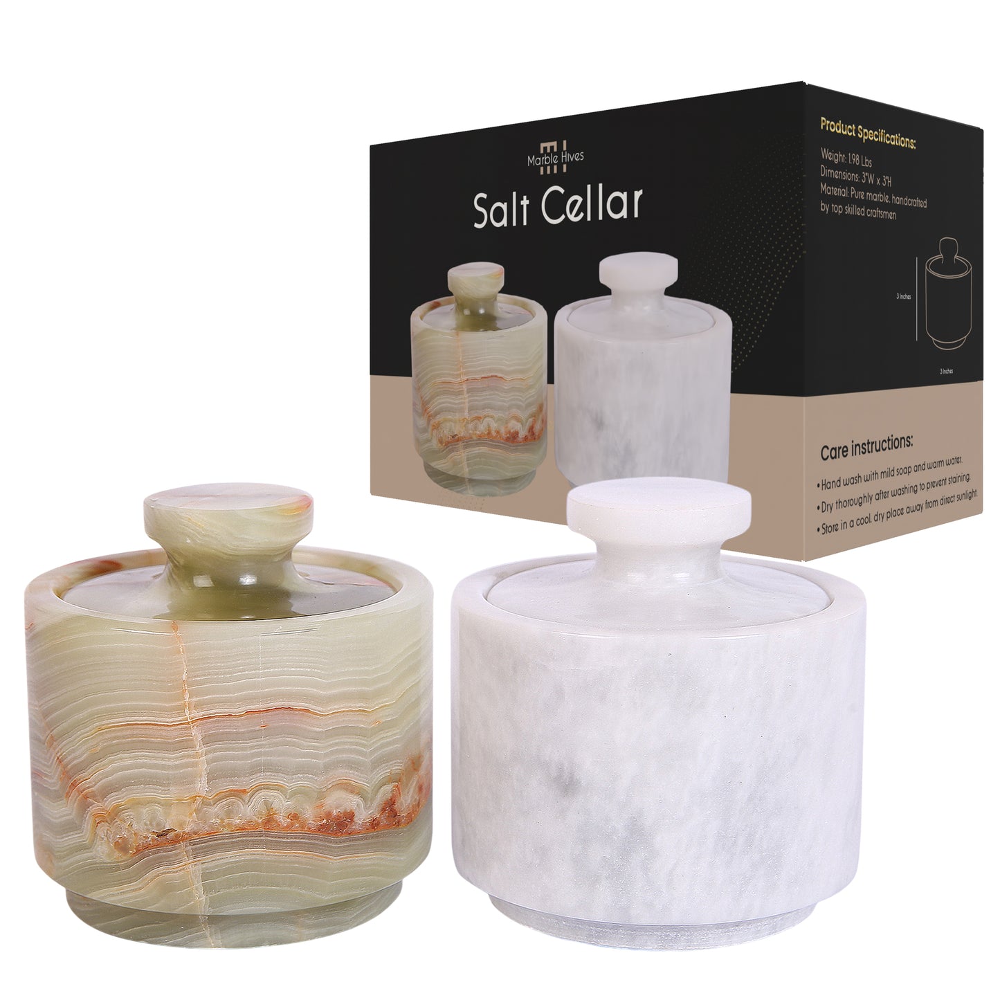 Marble Salt Cellar with Lid- Pack of 2 Marble Salt and Pepper Bowls- Salt Holder with Lid to Put Salt, Paprika, Pepper, and Spice
