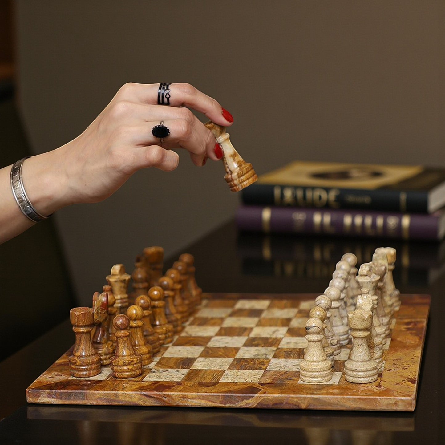 Marble Hives Luxury Handmade Marble Chess Set - Red and Coral -10 Inch