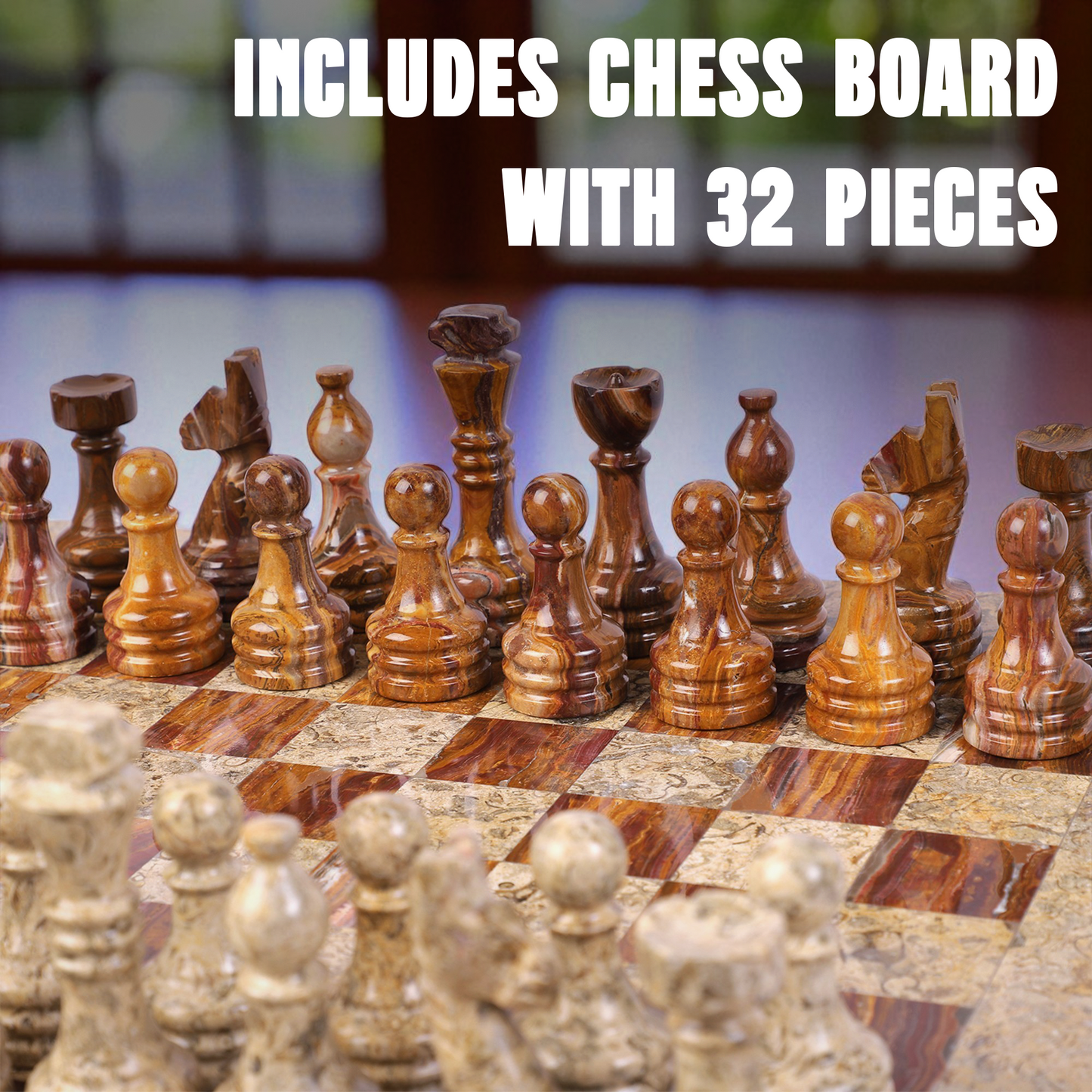 Marble Hives Luxury Handmade Marble Chess Set – Brown and Coral