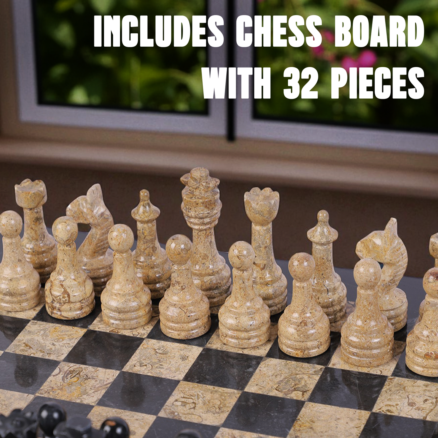 Marble Hives Luxury Handmade Marble Chess Set – Black and Coral