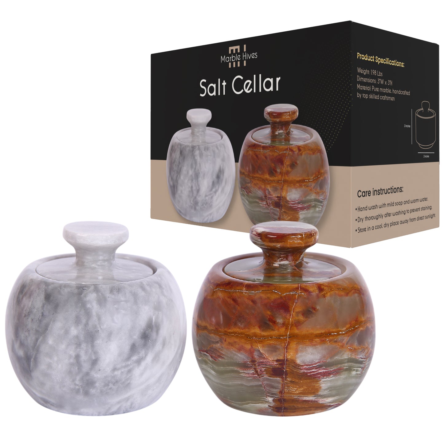 Marble Salt Cellar with Lid- Pack of 2 Marble Salt and Pepper Bowls- Salt Holder with Lid to Put Salt, Paprika, Pepper, and Spice