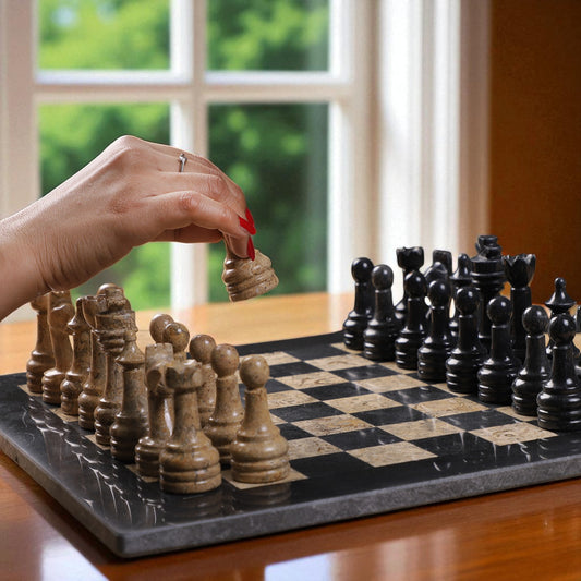 Marble Hives Luxury Handmade Marble Chess Set –  Black and Coral -15 Inch