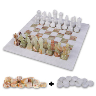15 Inch Green and White Marble Chess Set with FREE Checkers