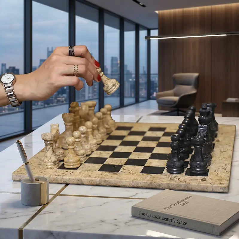 12 Inch Coral and Black Marble Chess Set