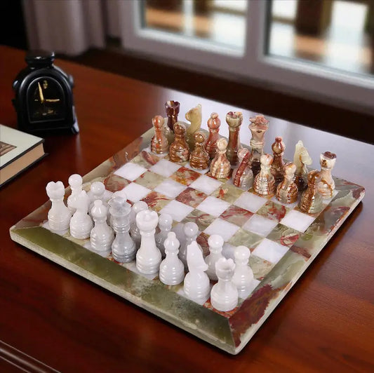 12 Inch Green and White Marble Ches Set