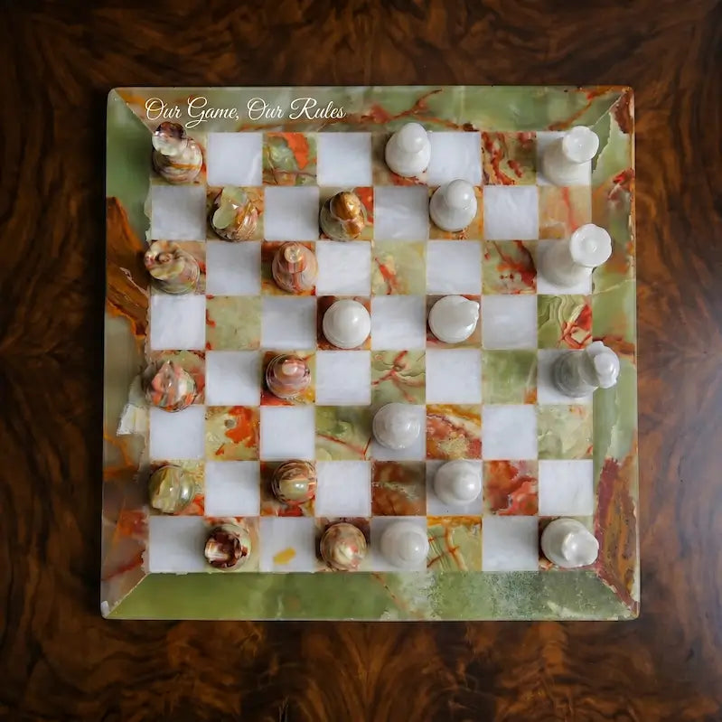 12 Inch Green and White Marble Chess Set