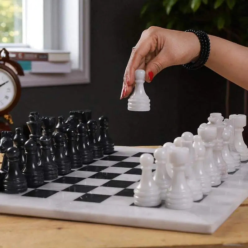 12 Inch White and Black Marble Chess Set
