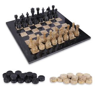 15 Inch Black & Fossils Marble Chess Set with FREE Checkers