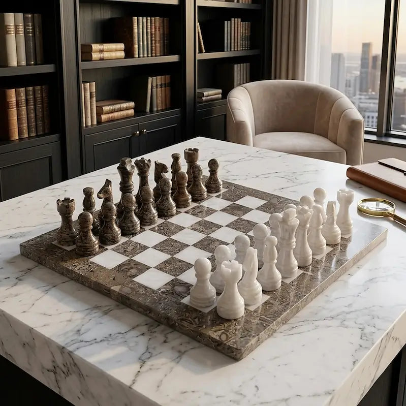 15 Inch Grey & White Marble Chess Set