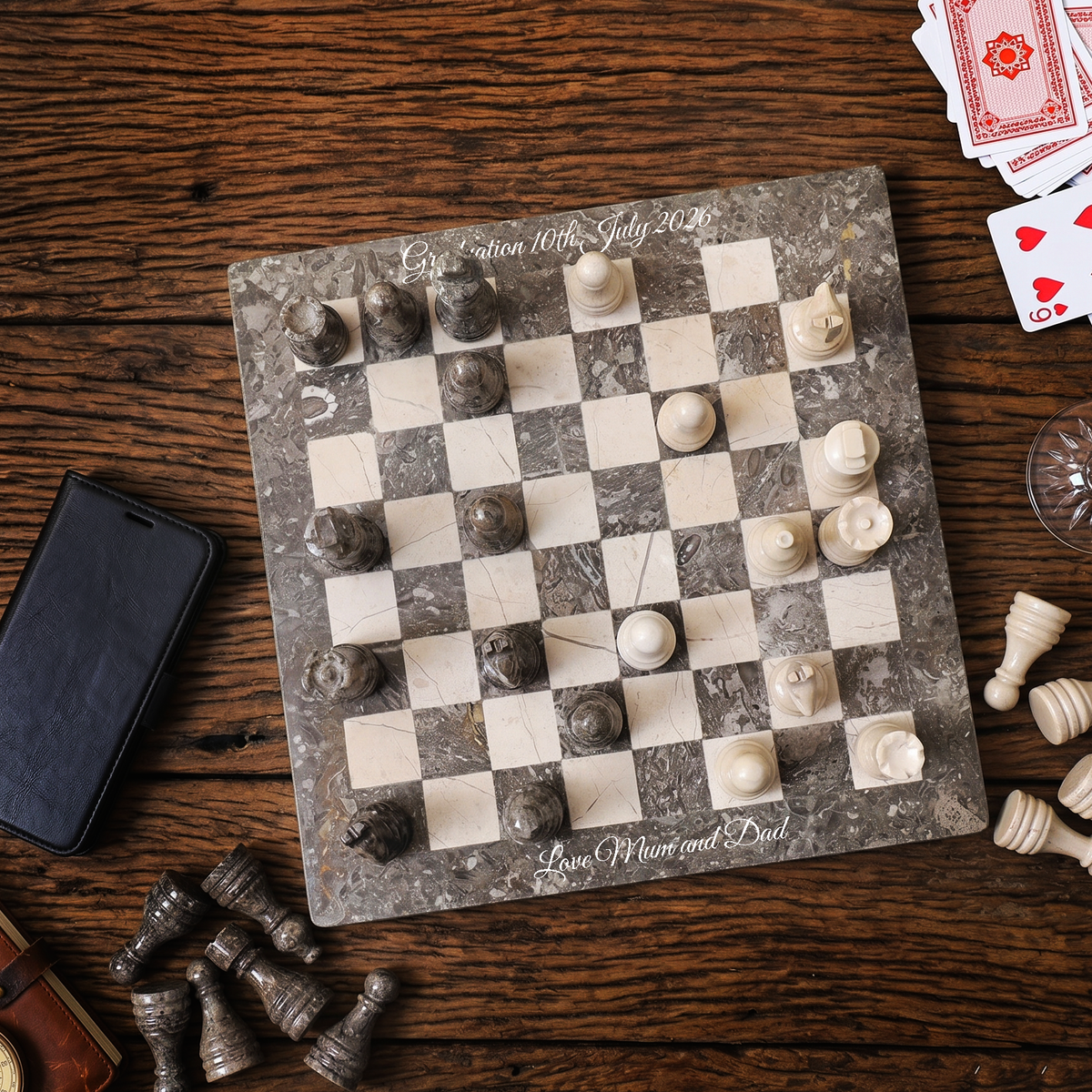 15 Inch  Oceanic Gray & Verona Marble Ches Set
